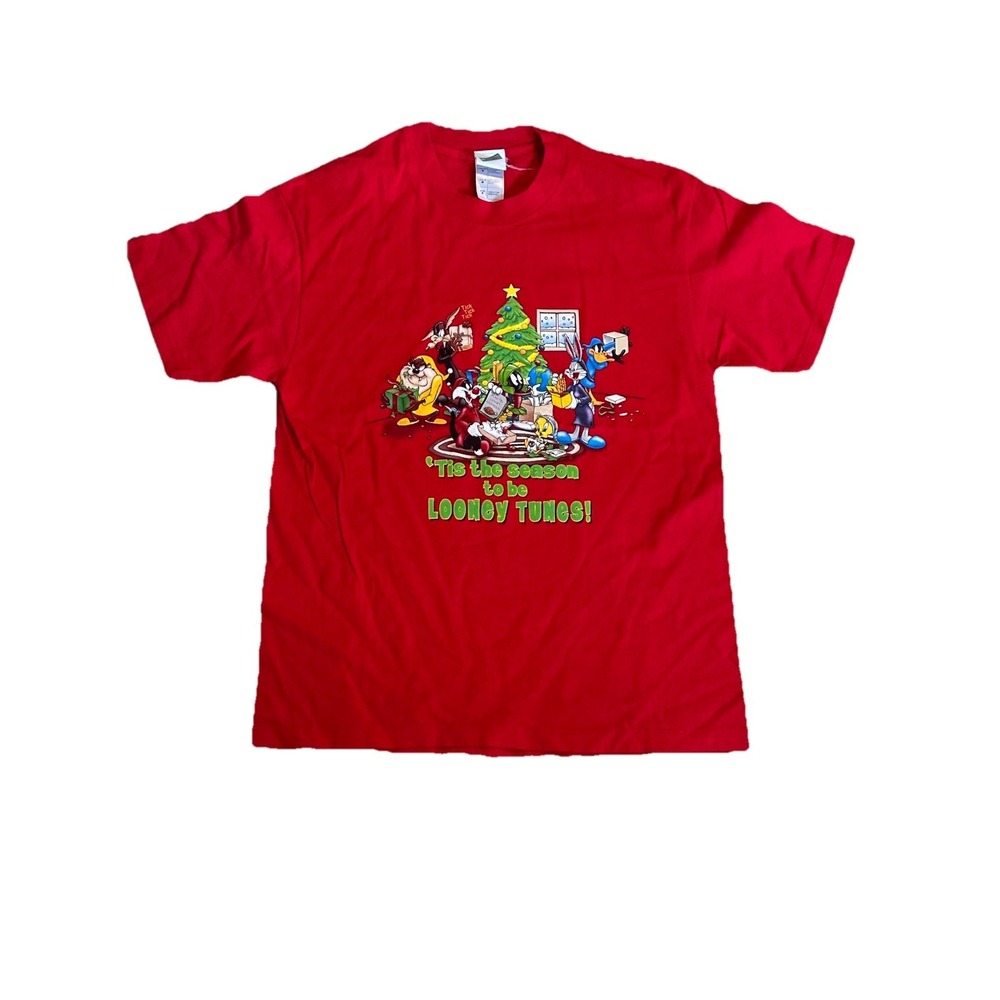 Vintage 90s Looney Tunes Christmas Shirt Red Mens Medium Warner‎ Bros